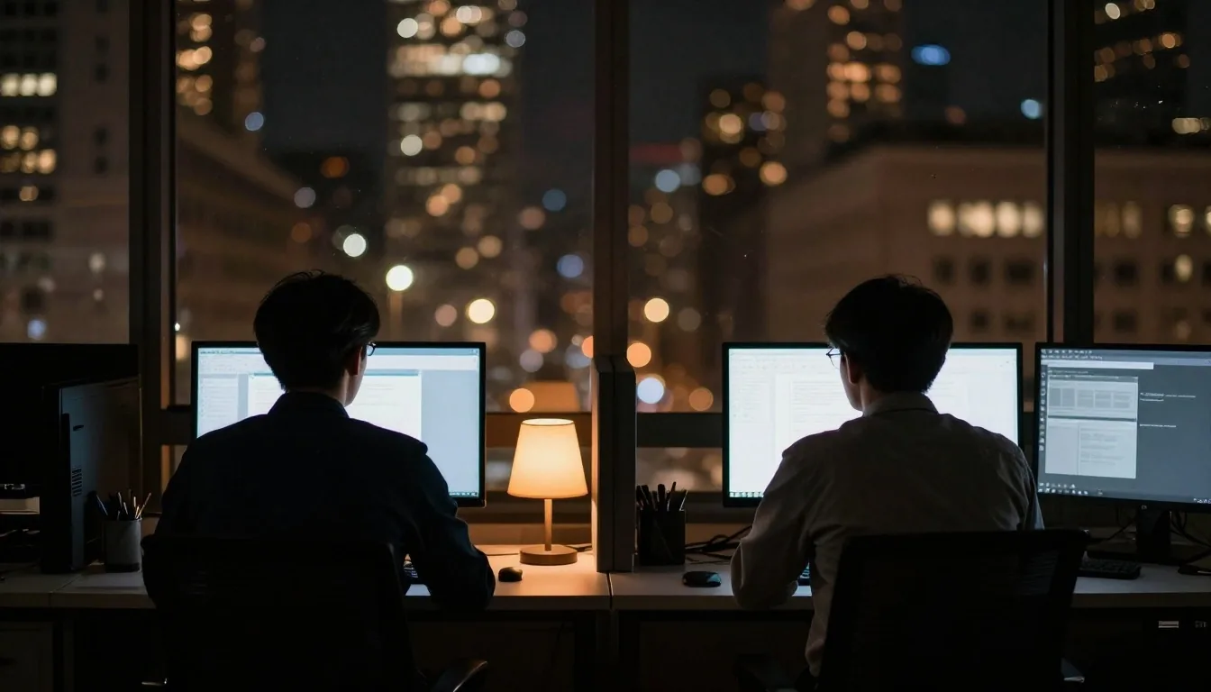 Zendvora SEO consultancy workspace at night with ranking dashboards on dark monitors