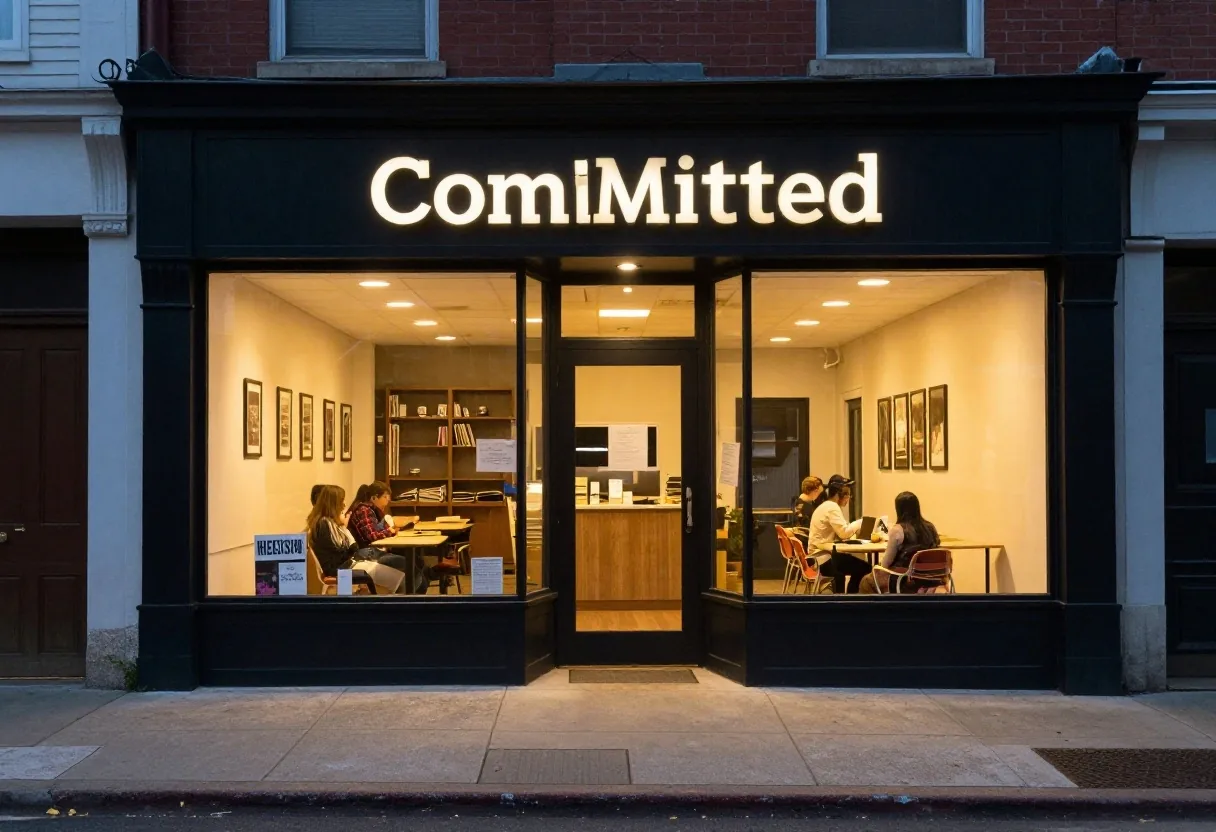 A local service business storefront lit at evening