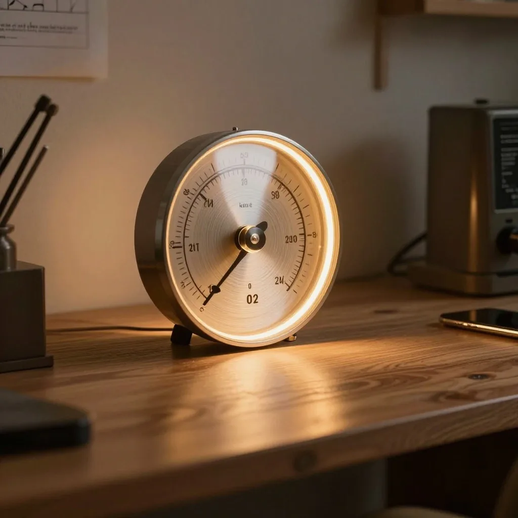 Brushed metal gauge dial lit by amber workshop light
