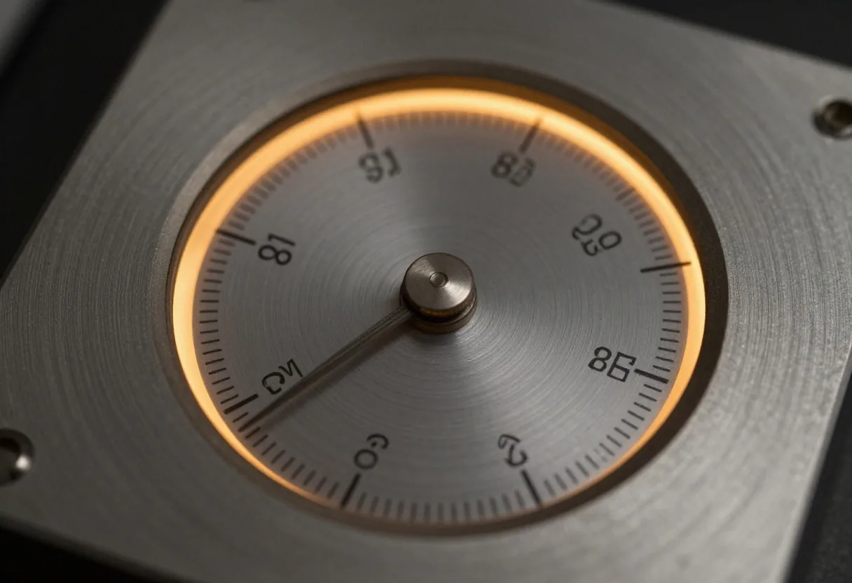 Precision gauge dial on brushed metal panel