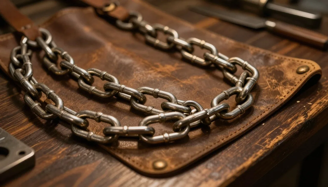 Interlinked metal chain on workbench